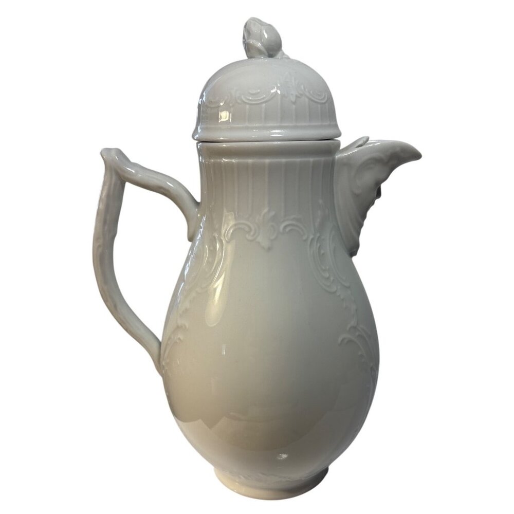 Furstenberg Coffee Pot With Floral Lid Finial & Ornate Handle Design White 9.5"